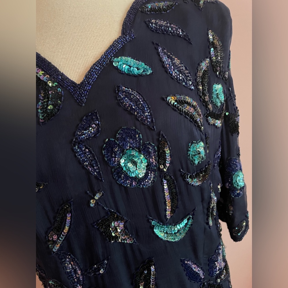 Vintage Frank Usher Silk Navy Sequin Floral Top - Picture 2 of 9